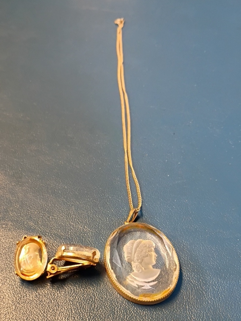 Gold-Tone Reverse Glass Intaglio Cameo Pendant & Clip Earrings